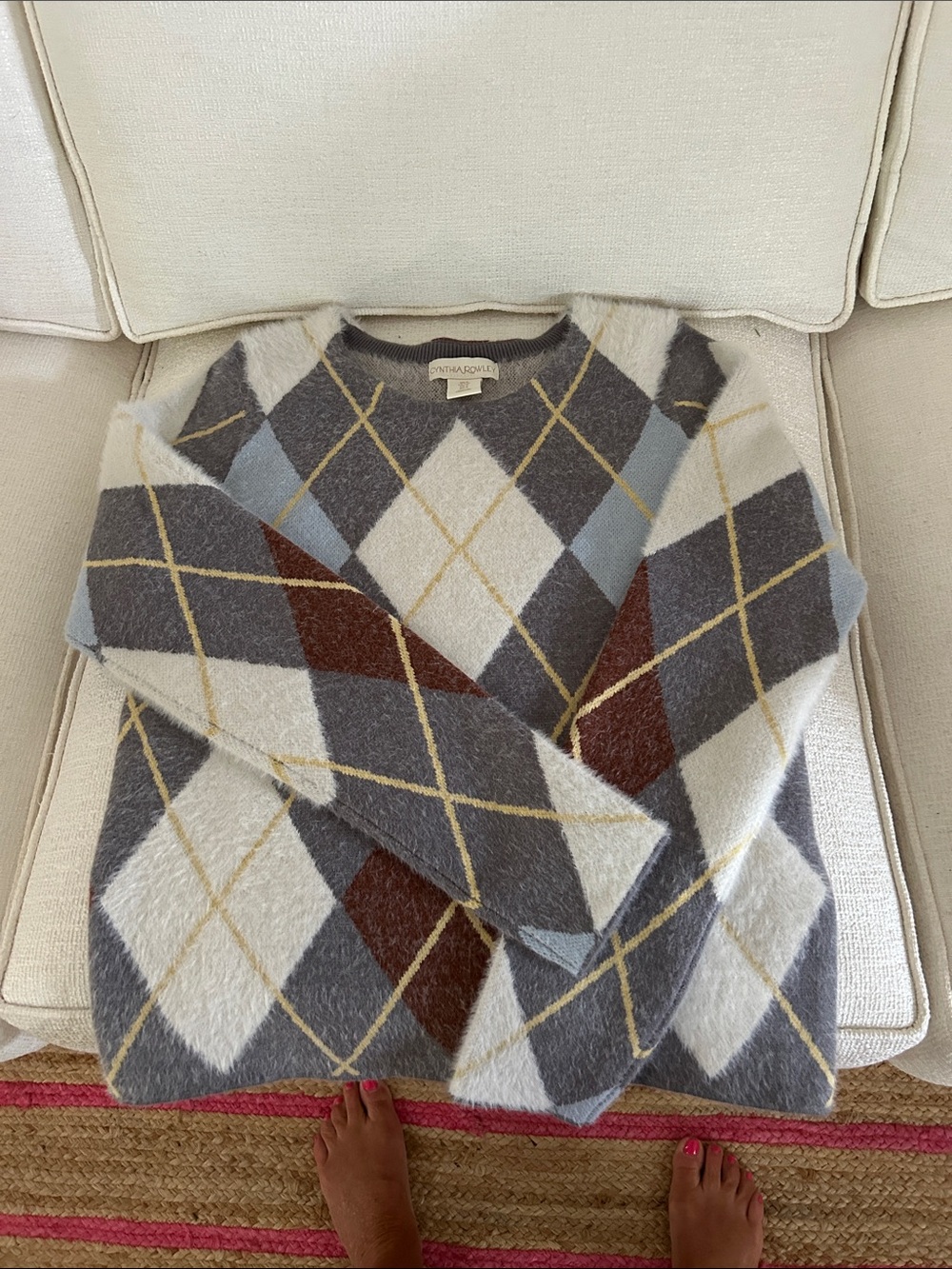 Cynthia Rowley Argyle Crewneck Sweater in Gray, White, Blue & Brown